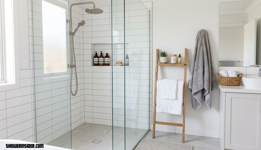 Bathroom shower setup with towels and grooming products