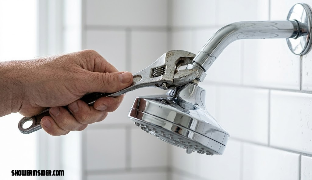 Close-up of hand adjusting a chrome shower head with a wrench