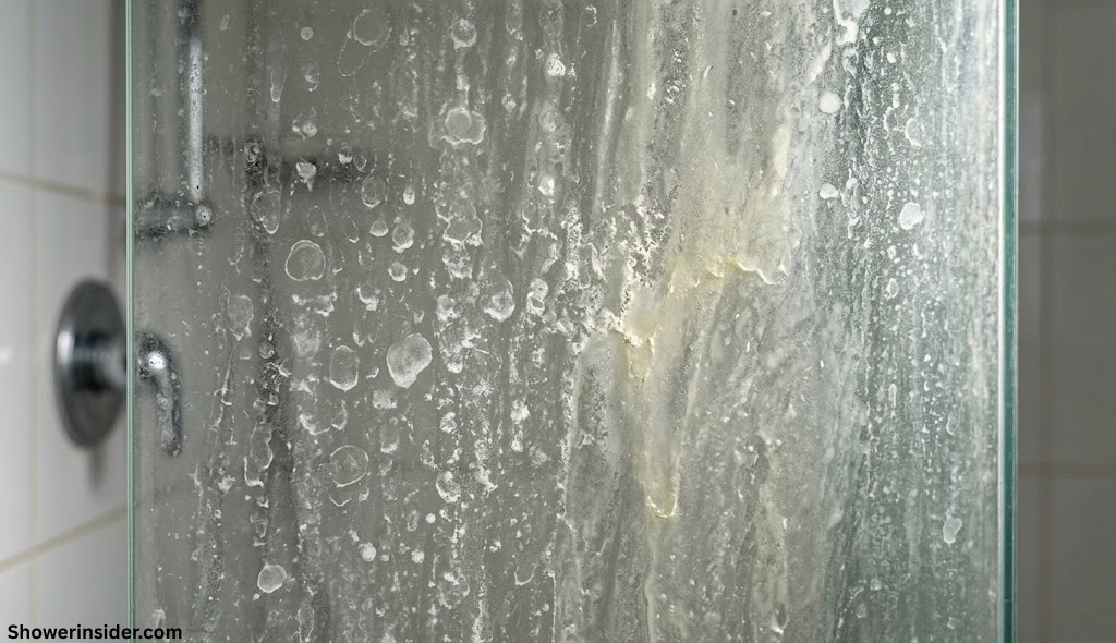 Close up of mineral deposits and soap scum on shower glass surface