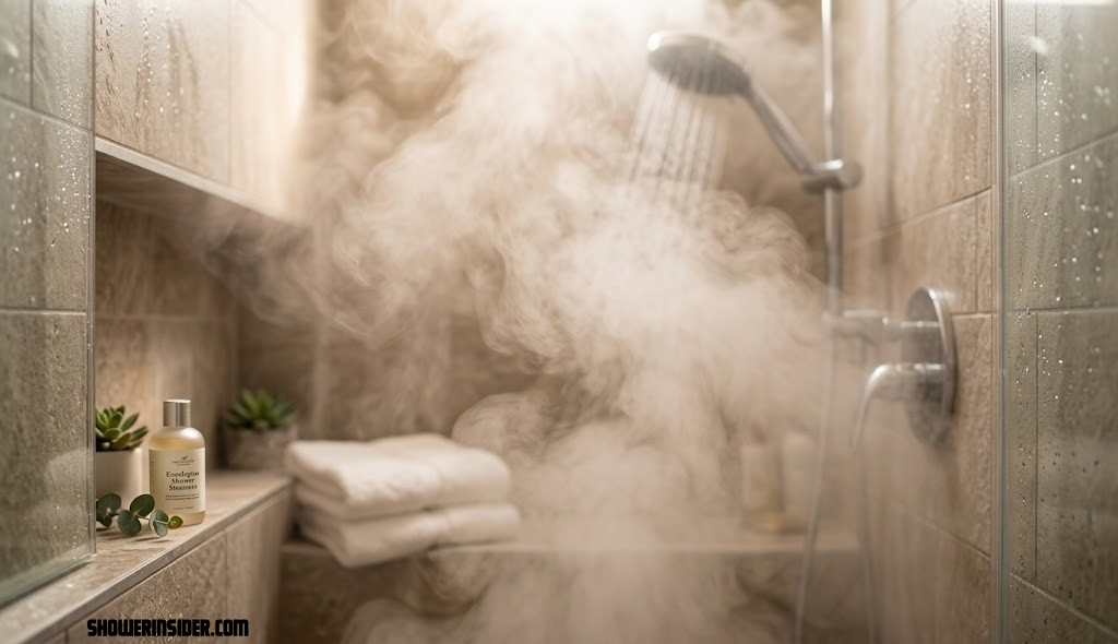 Close-up of steam rising from a shower creating a therapeutic atmosphere