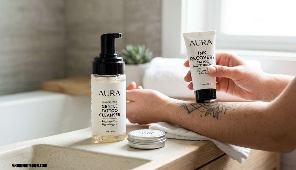 Close up of tattoo aftercare products including gentle soap and moisturizer