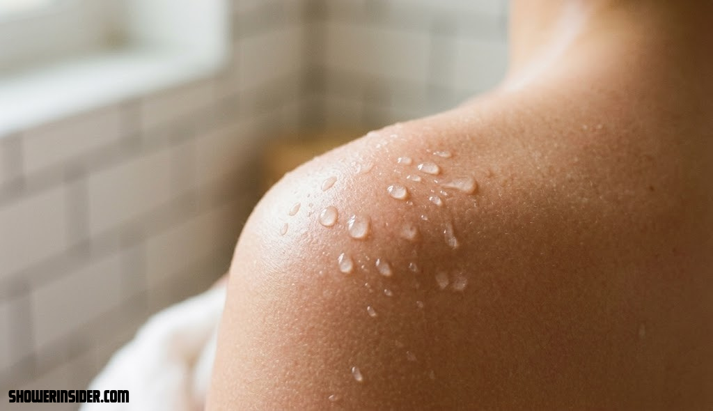 Close-up of water droplets on healthy glowing skin representing a good shower routine
