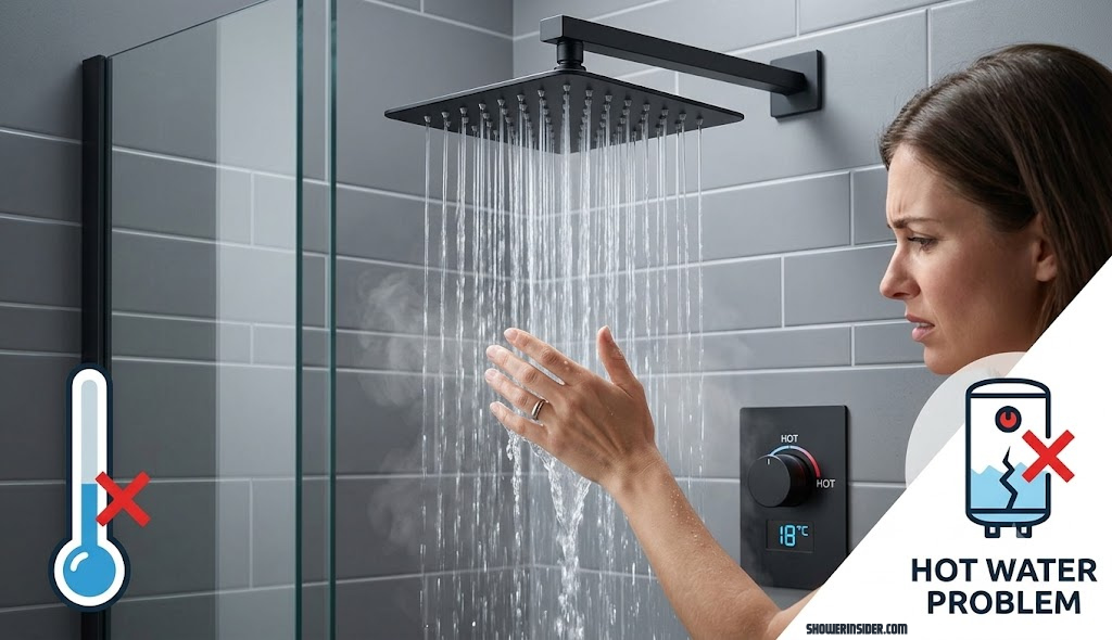 Modern shower head with water running, illustrating a shower hot water problem