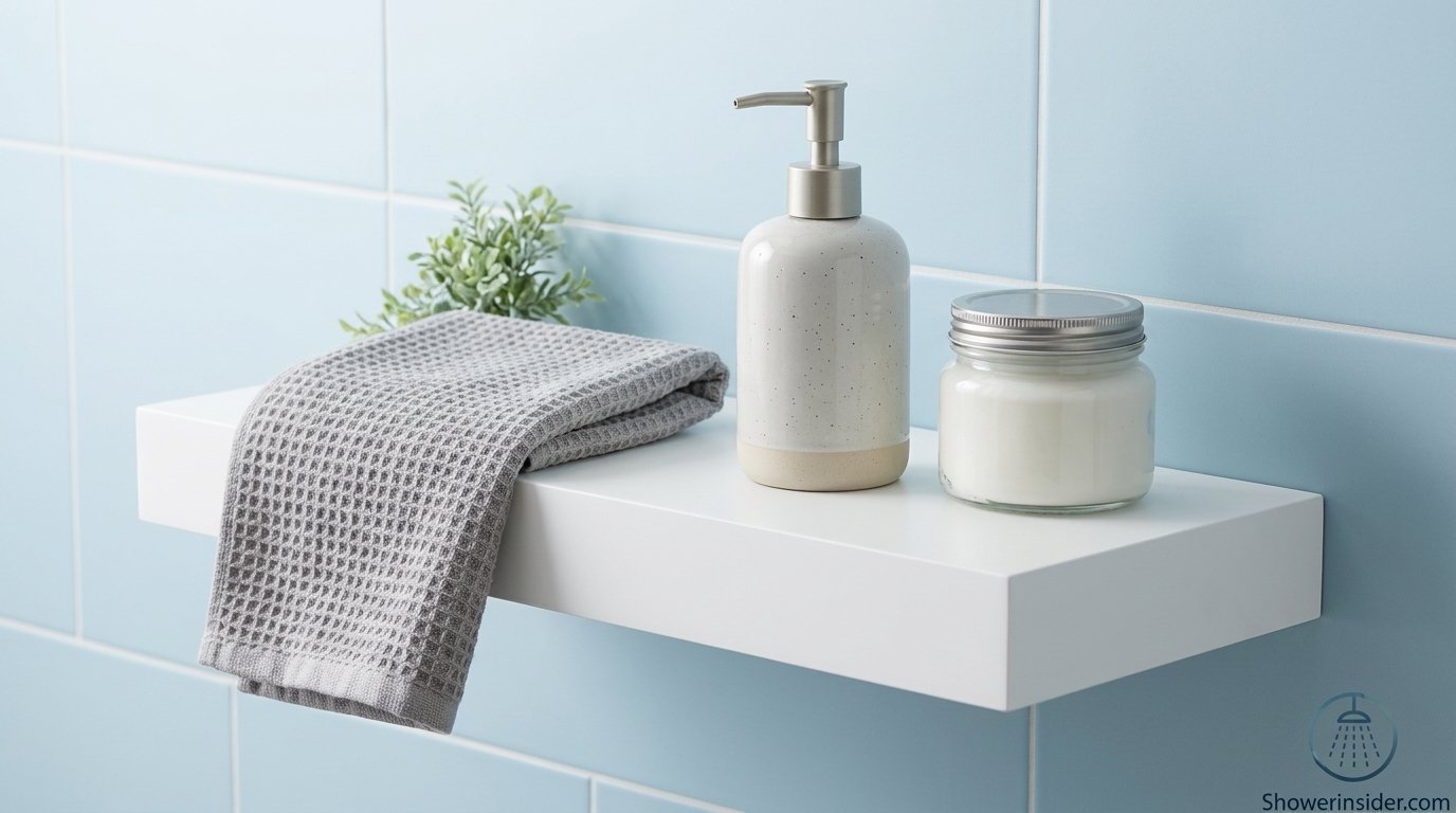 Bathroom shelf with soap, lotion, and towel arranged neatly