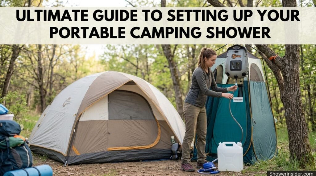 Camper setting up a portable camping shower outdoors near a tent