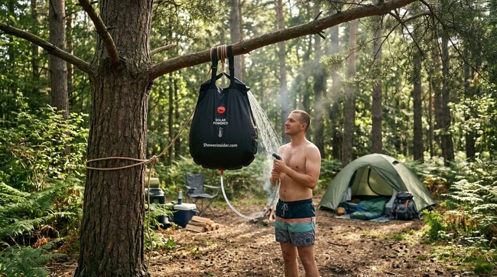 Camper using a solar camping shower bag hanging from a tree at a forest campsite