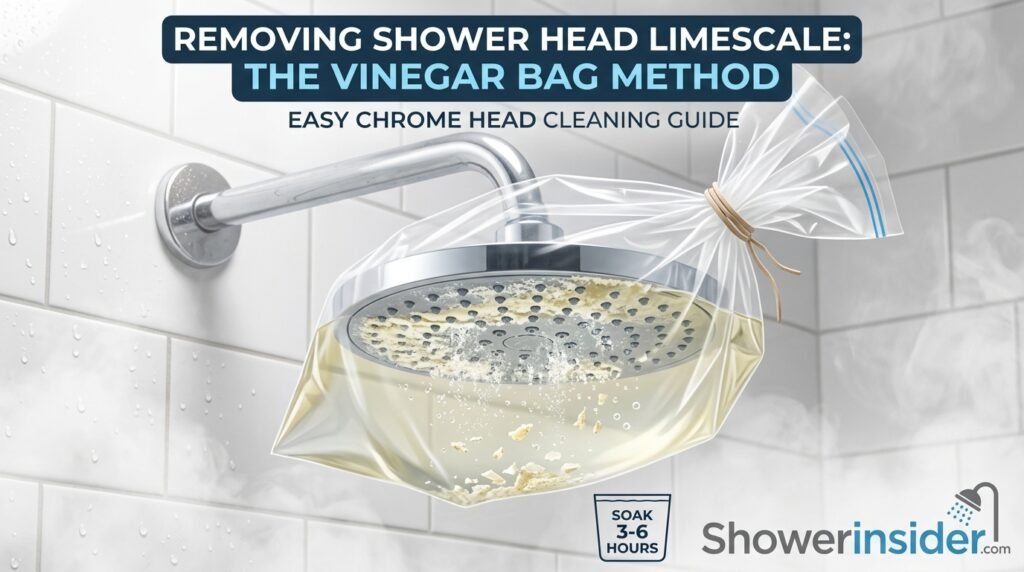 Chrome shower head soaking in a vinegar bag to remove limescale