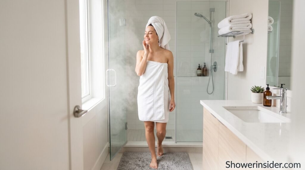 Person stepping out of the shower wrapped in a towel, smelling fresh