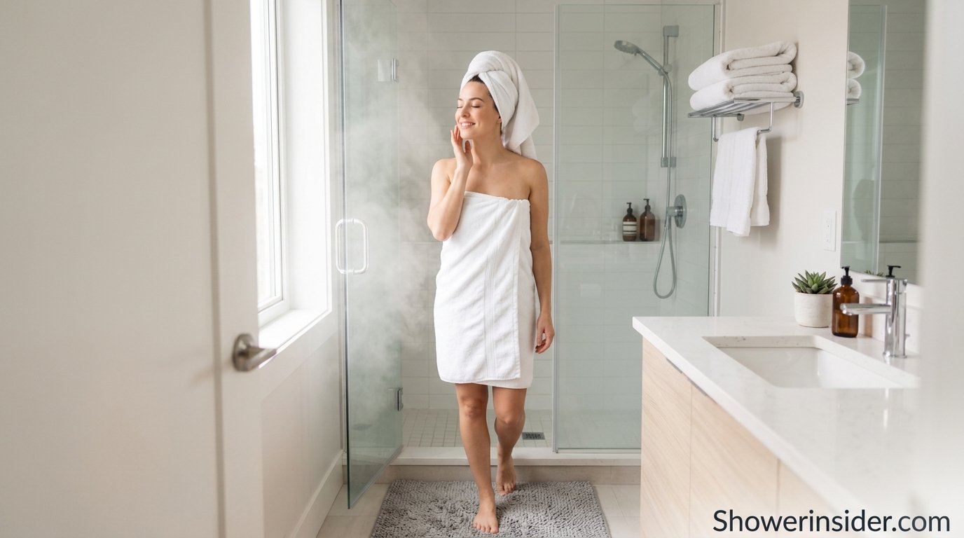 Person stepping out of the shower wrapped in a towel, smelling fresh