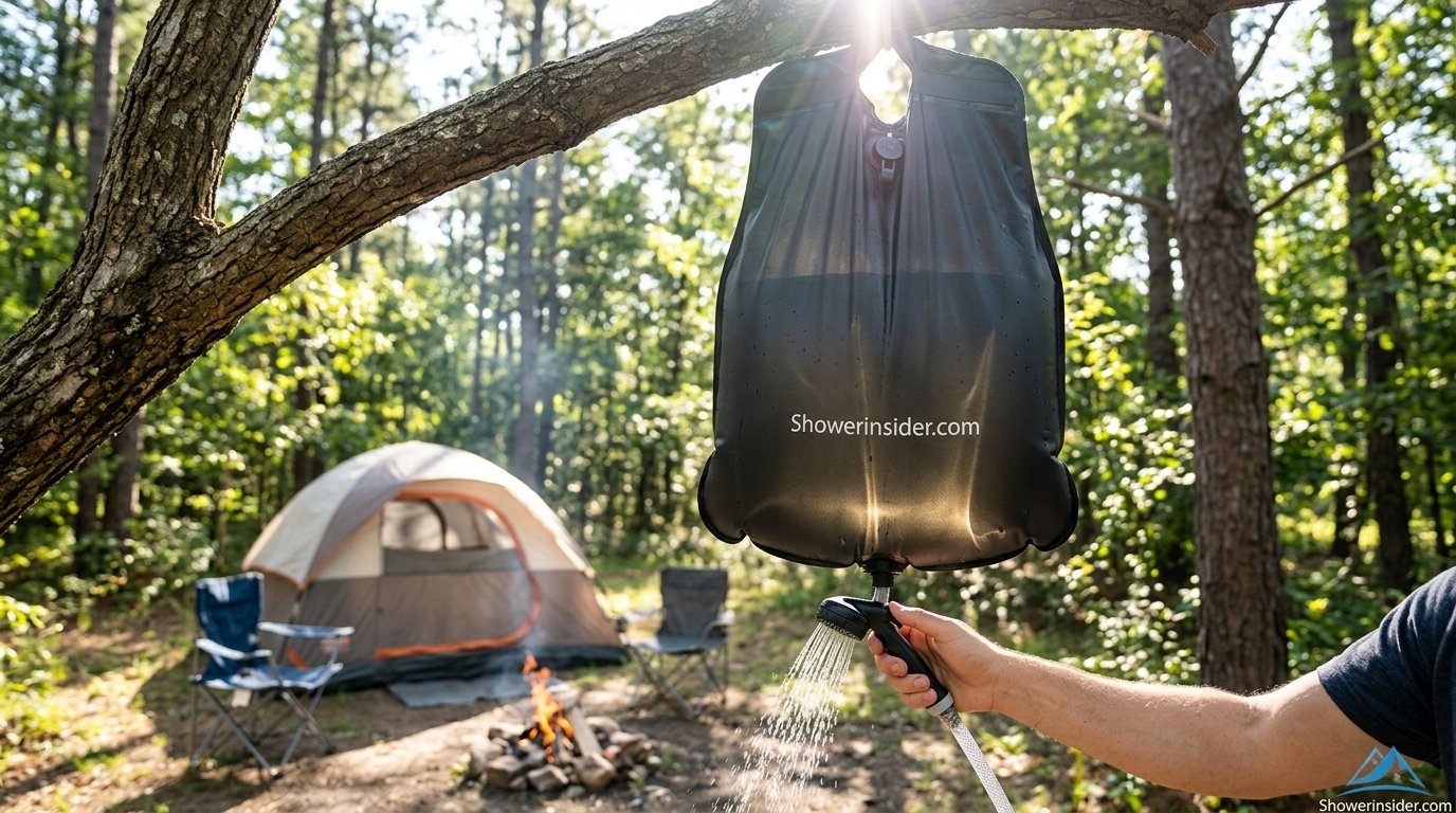 Solar camping shower bag hanging from a tree branch