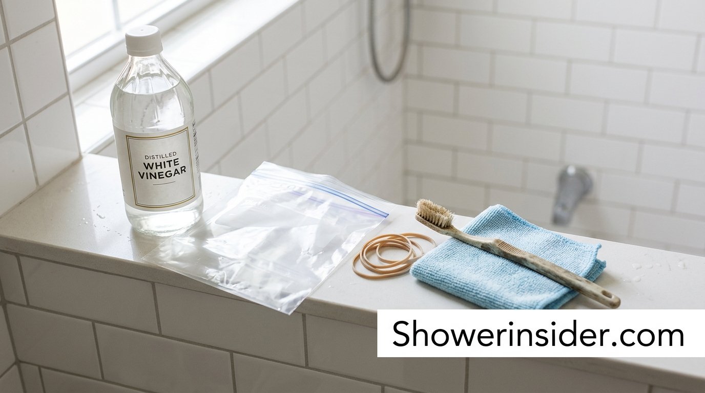 Vinegar, a plastic bag, rubber band, and old toothbrush laid out for shower head cleaning