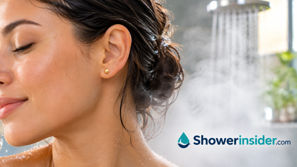 Close-up of a person wearing small gold stud earrings with soft shower steam in the background