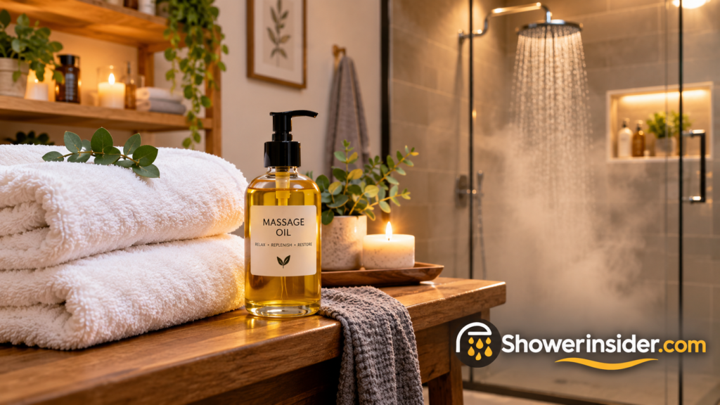 Folded towels, massage oil, and a warm shower setup ready for post-massage aftercare