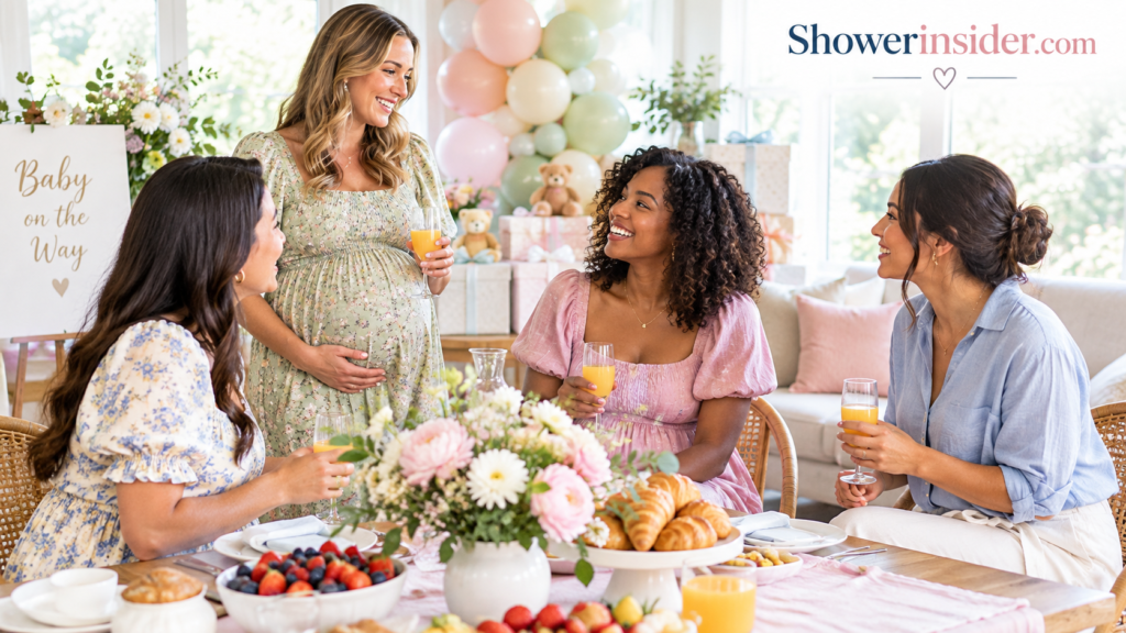 Guests in soft spring dresses and relaxed separates chatting at a bright baby shower brunch