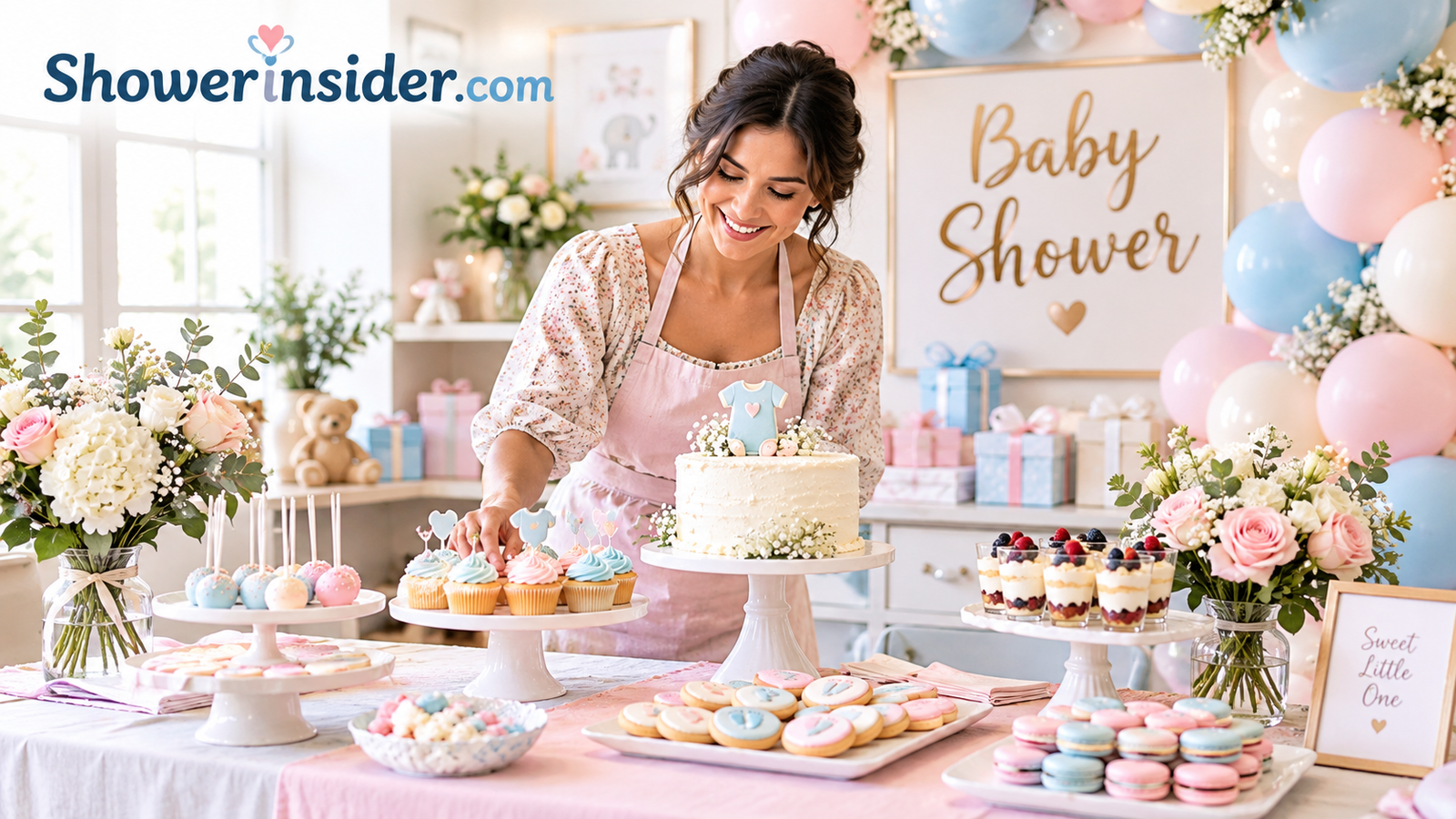Host arranging a dessert table and pastel decorations before a baby shower