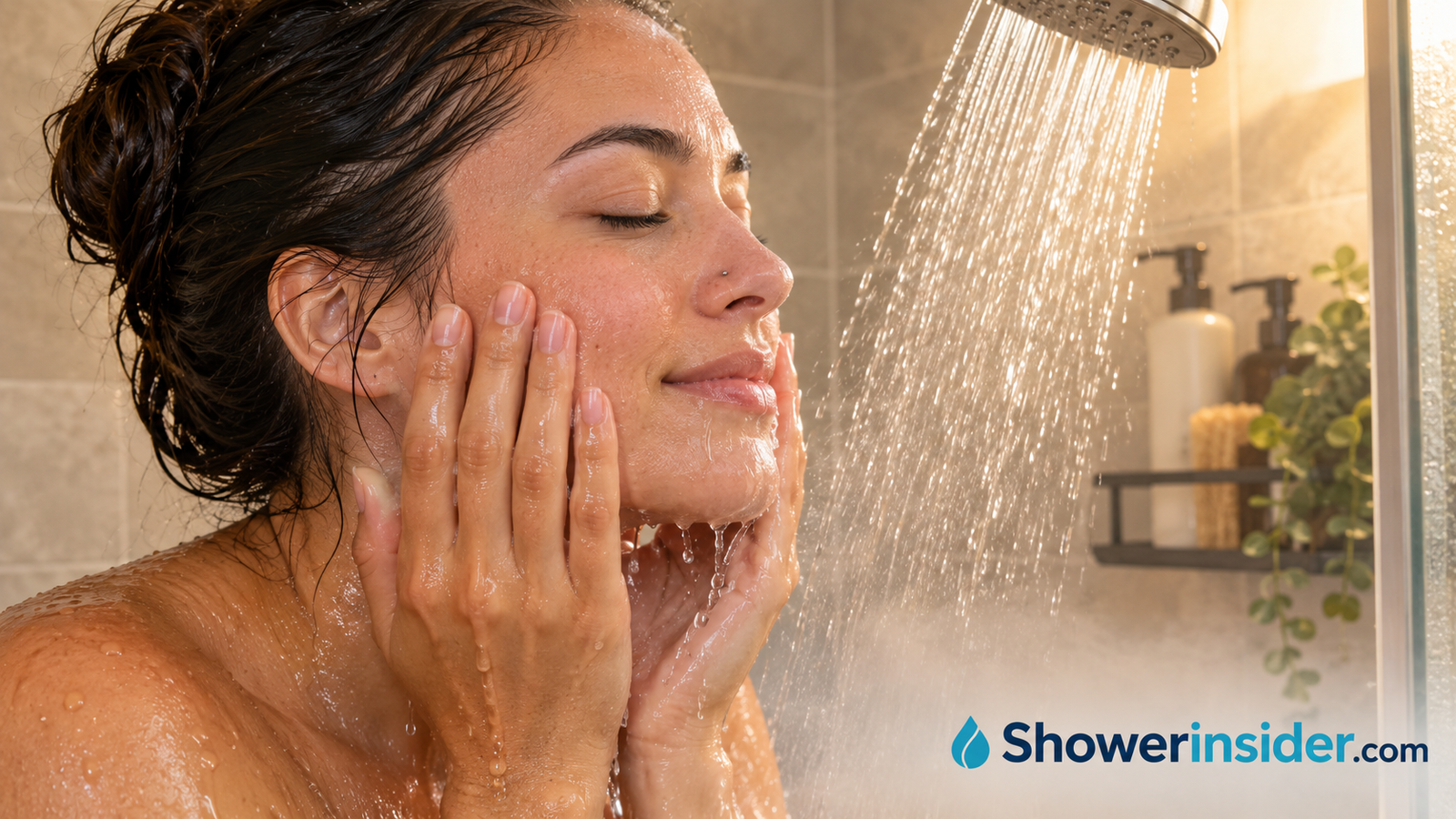 Person gently rinsing their face in a warm shower with a small nostril stud visible
