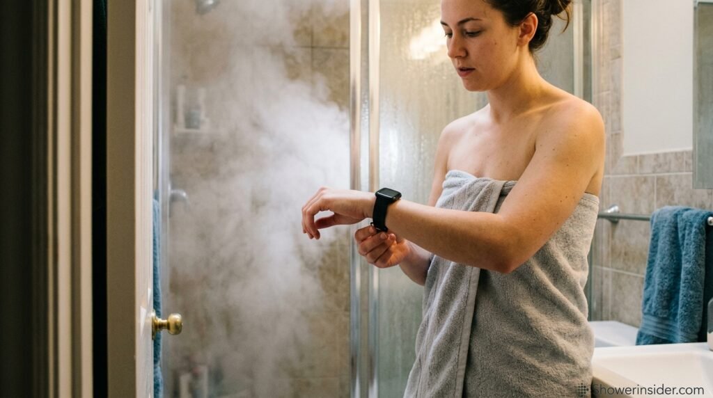 Person removing a Fitbit fitness tracker from their wrist before stepping into a steamy shower