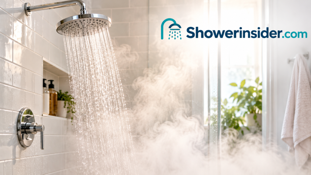 Warm steam rising in a bright, clean bathroom shower